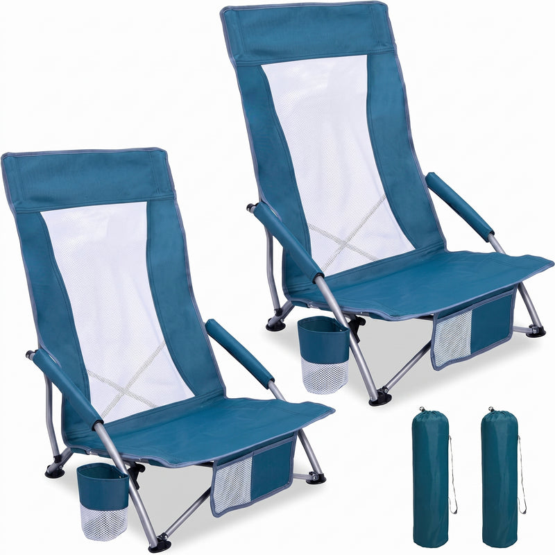 Two navy blue folding beach chairs with mesh back and cup holder