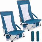 Two navy blue folding beach chairs with mesh back and cup holder