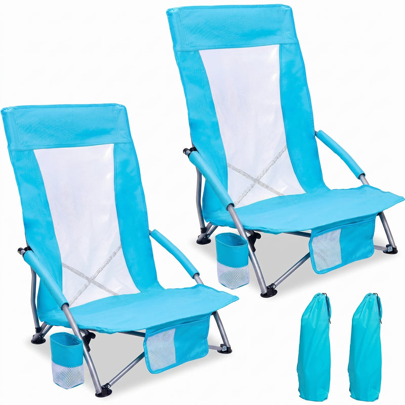 Two navy blue folding beach chairs with mesh back and cup holder