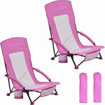 Two navy blue folding beach chairs with mesh back and cup holder