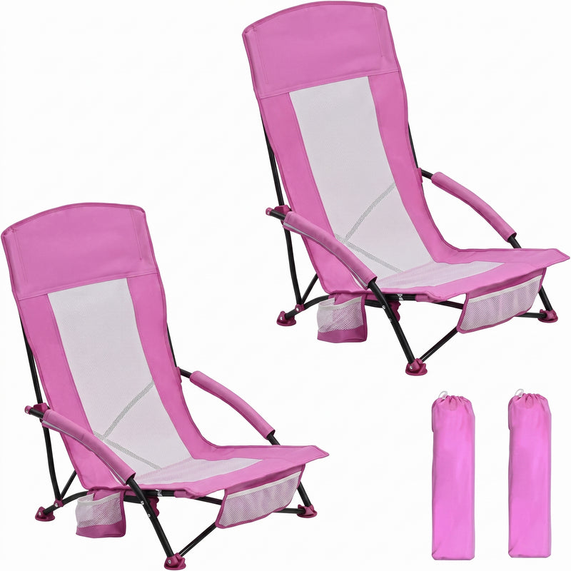 Two navy blue folding beach chairs with mesh back and cup holder