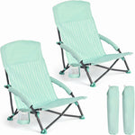 Two navy blue folding beach chairs with mesh back and cup holder