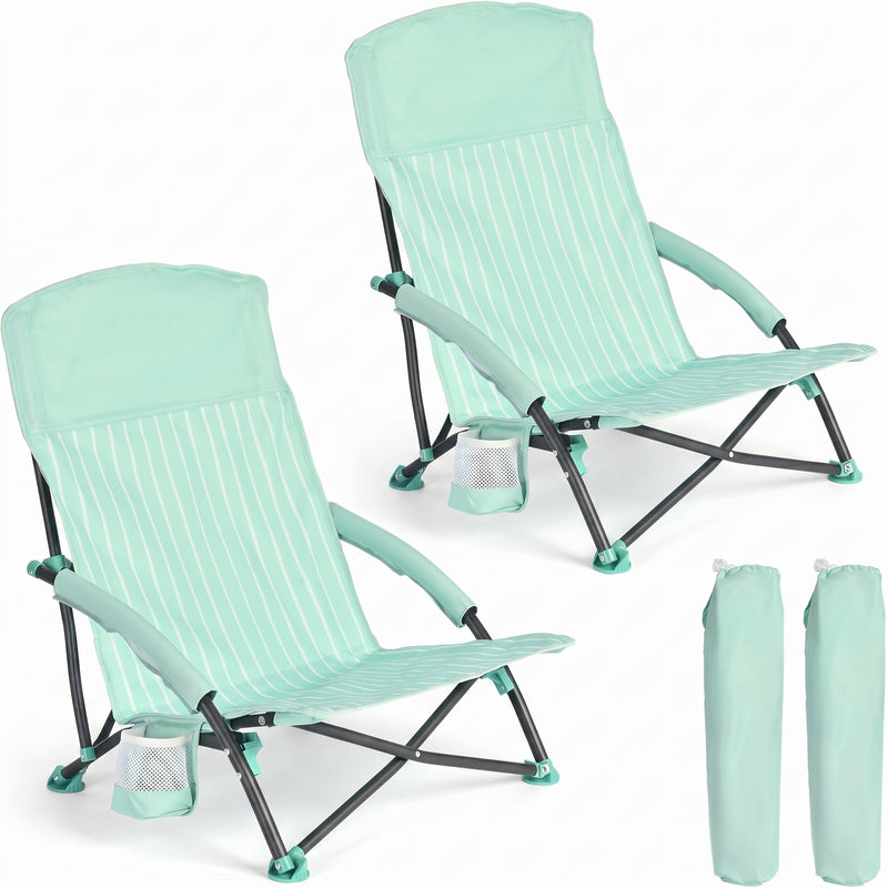 Two navy blue folding beach chairs with mesh back and cup holder