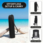 Folding beach chair packed in carry bag with quick-unfold steps shown
