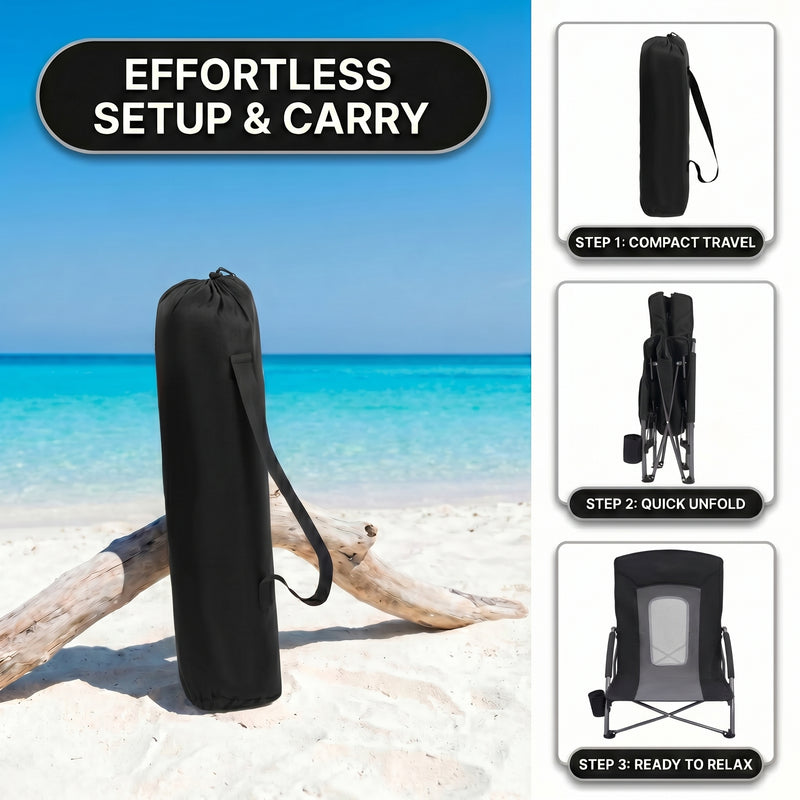 Folding beach chair packed in carry bag with quick-unfold steps shown