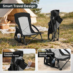 Folding beach chair packed in carry bag with quick-unfold steps shown