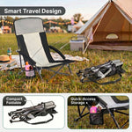 Folding beach chair packed in carry bag with quick-unfold steps shown