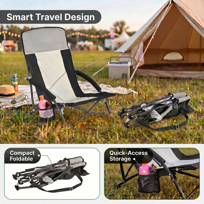 Folding beach chair packed in carry bag with quick-unfold steps shown