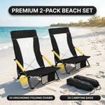 Folding beach chair packed in carry bag with quick-unfold steps shown