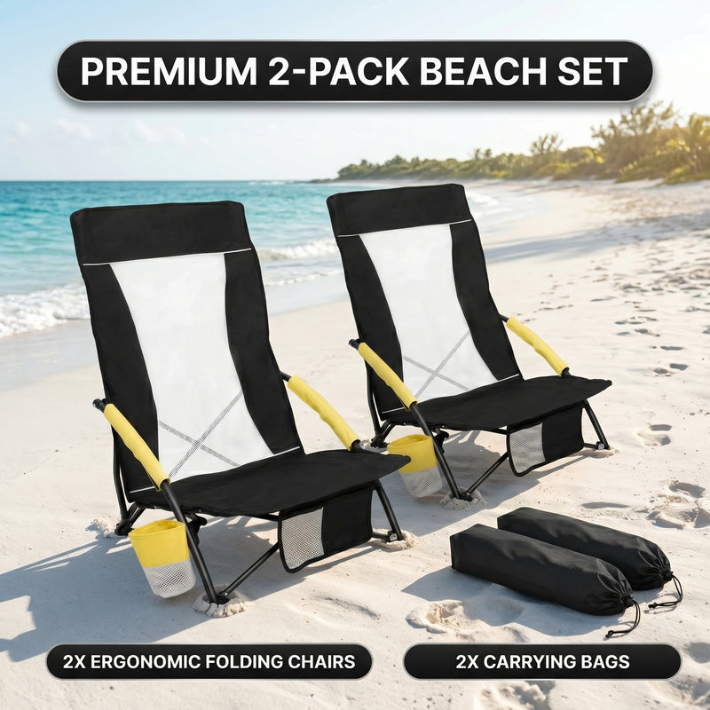 Folding beach chair packed in carry bag with quick-unfold steps shown