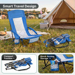 Folding beach chair packed in carry bag with quick-unfold steps shown