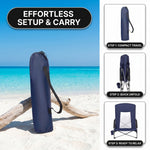 Folding beach chair packed in carry bag with quick-unfold steps shown