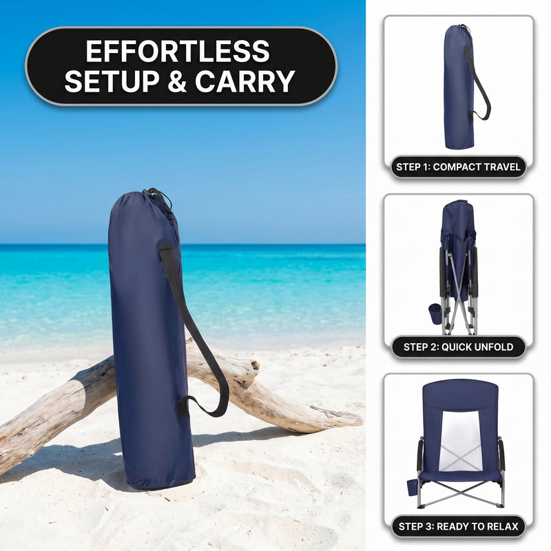 Folding beach chair packed in carry bag with quick-unfold steps shown
