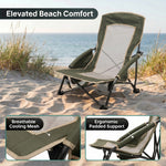 Folding beach chair packed in carry bag with quick-unfold steps shown