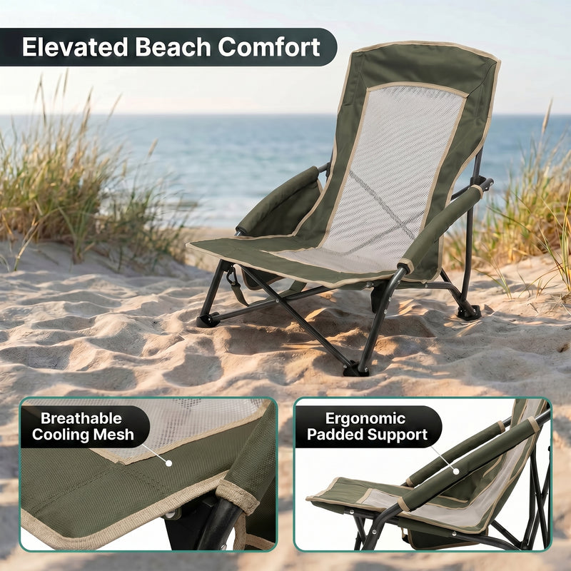 Folding beach chair packed in carry bag with quick-unfold steps shown