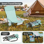 Folding beach chair packed in carry bag with quick-unfold steps shown