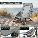 Folding beach chair packed in carry bag with quick-unfold steps shown