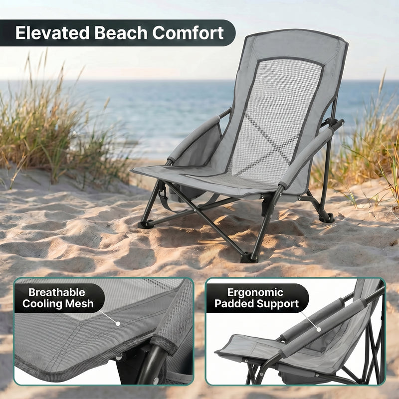 Folding beach chair packed in carry bag with quick-unfold steps shown