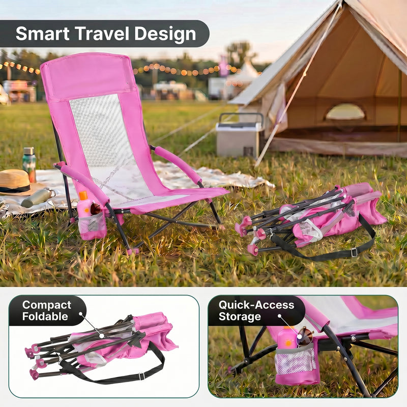 Folding beach chair packed in carry bag with quick-unfold steps shown