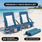 Folding beach chair packed in carry bag with quick-unfold steps shown