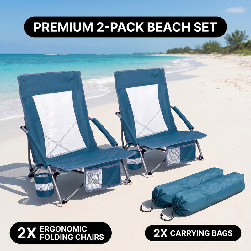 Folding beach chair packed in carry bag with quick-unfold steps shown