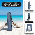 Folding beach chair packed in carry bag with quick-unfold steps shown