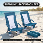 Folding beach chair packed in carry bag with quick-unfold steps shown
