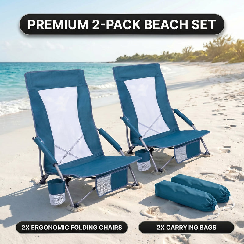 Folding beach chair packed in carry bag with quick-unfold steps shown