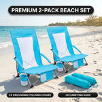 Folding beach chair packed in carry bag with quick-unfold steps shown