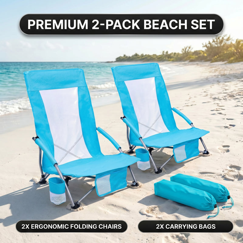 Folding beach chair packed in carry bag with quick-unfold steps shown