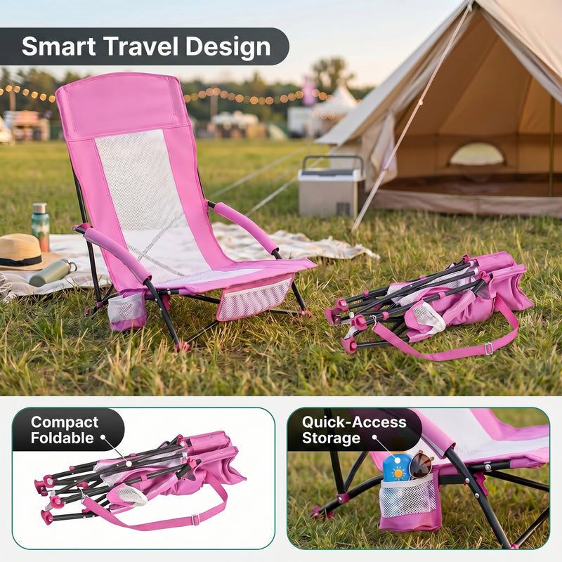 Folding beach chair packed in carry bag with quick-unfold steps shown