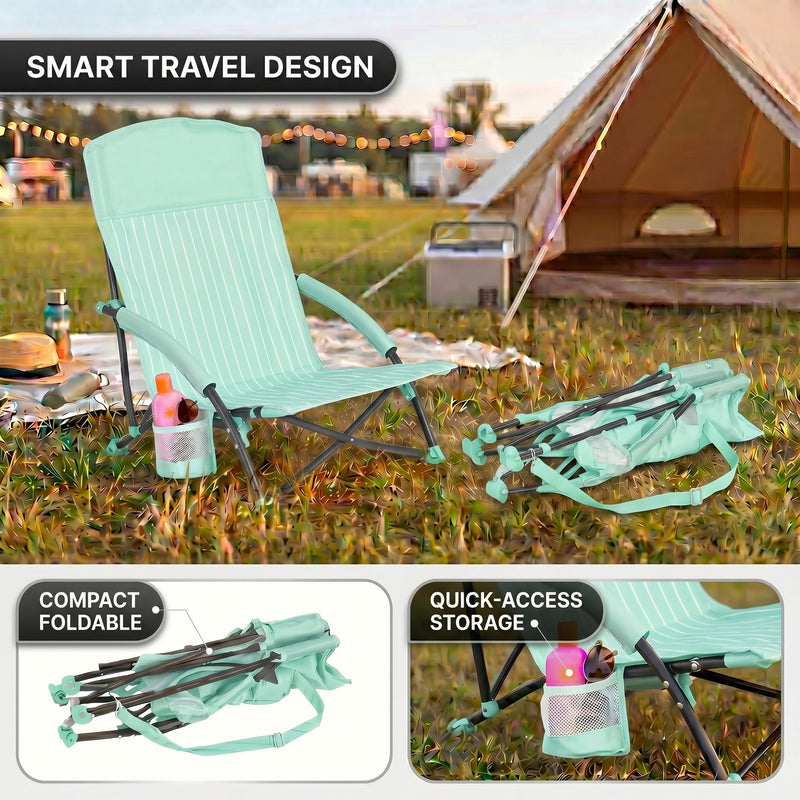 Folding beach chair packed in carry bag with quick-unfold steps shown