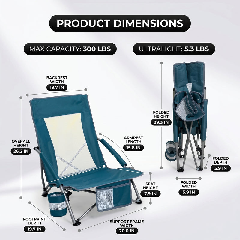 Folding beach chair dimensions and 350 lb weight capacity