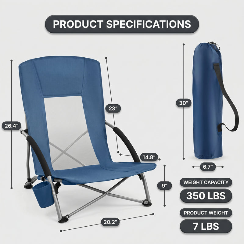 Folding beach chair dimensions and 350 lb weight capacity