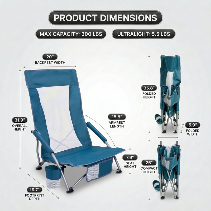 Folding beach chair dimensions and 350 lb weight capacity