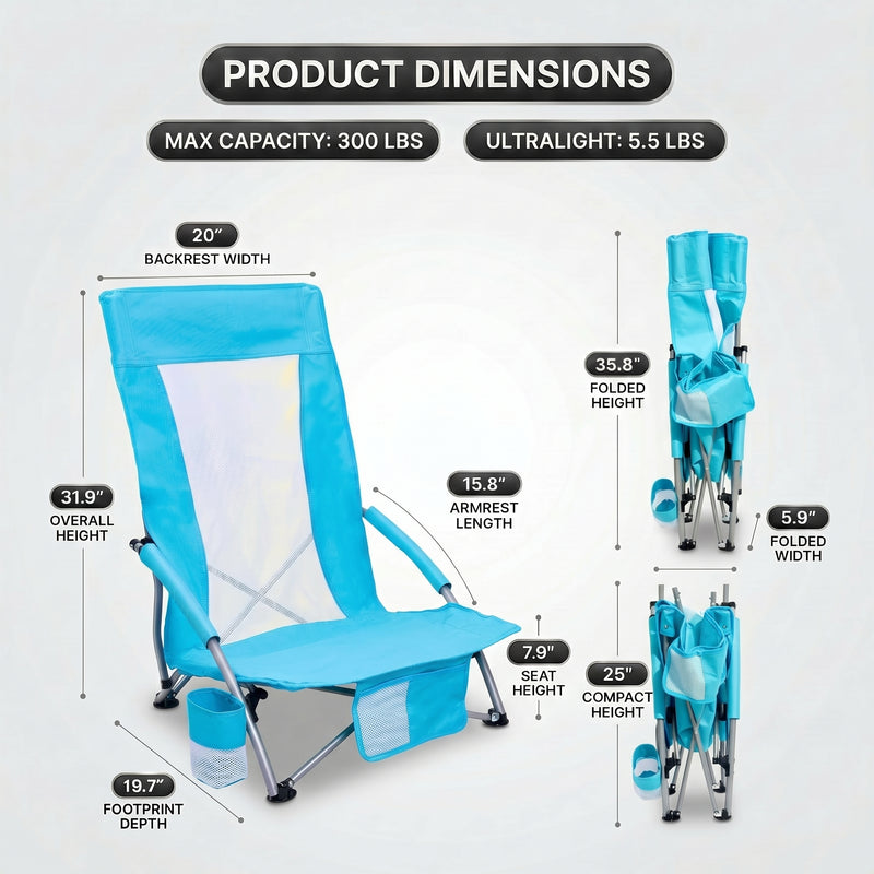 Folding beach chair dimensions and 350 lb weight capacity