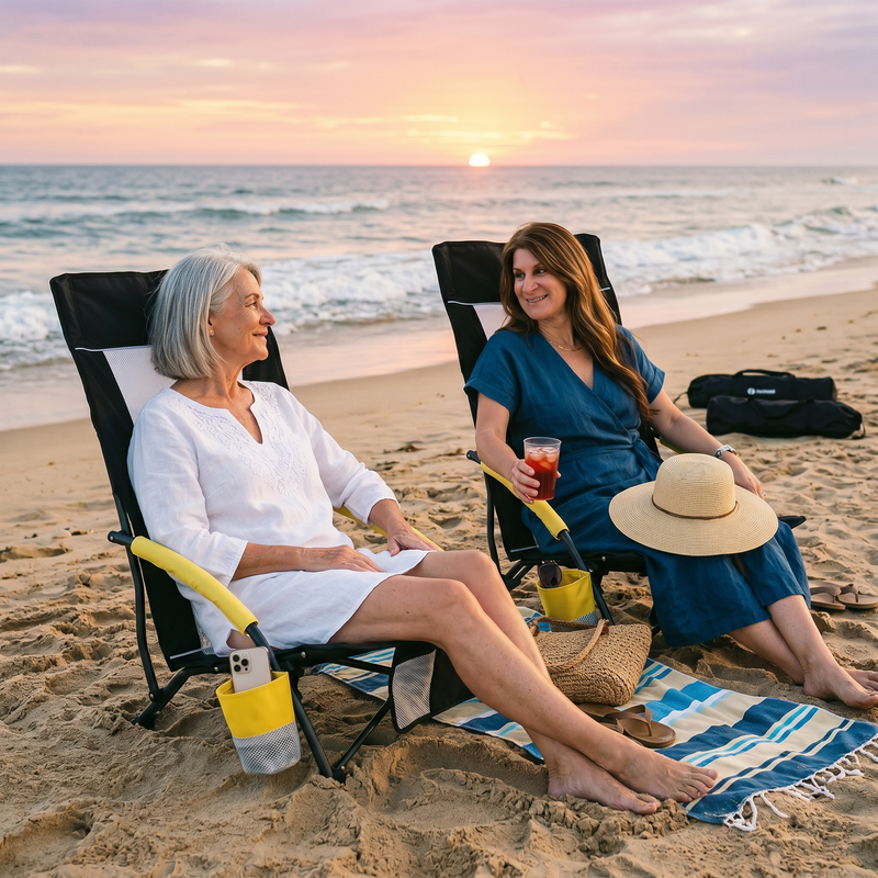 Woman relaxing in a low folding beach chair at the beach
