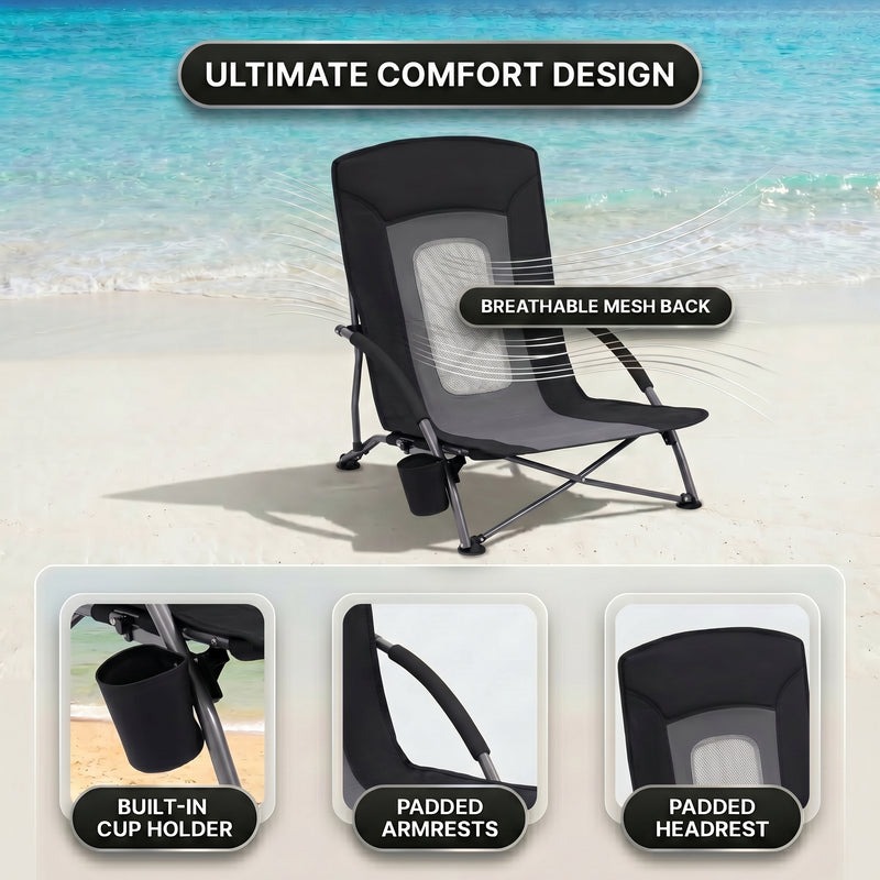 Close-up of breathable mesh back and padded armrest on folding beach chair