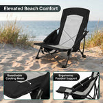Close-up of breathable mesh back and padded armrest on folding beach chair