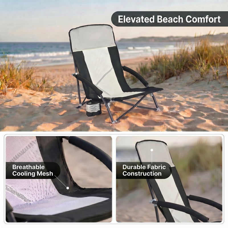 Close-up of breathable mesh back and padded armrest on folding beach chair