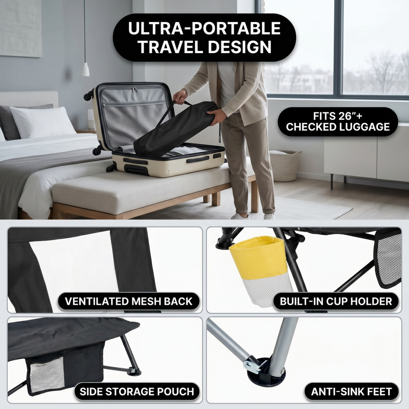 Close-up of breathable mesh back and padded armrest on folding beach chair