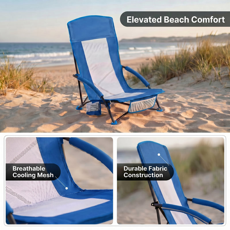 Close-up of breathable mesh back and padded armrest on folding beach chair
