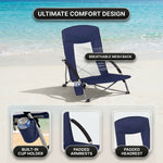 Close-up of breathable mesh back and padded armrest on folding beach chair