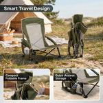 Close-up of breathable mesh back and padded armrest on folding beach chair