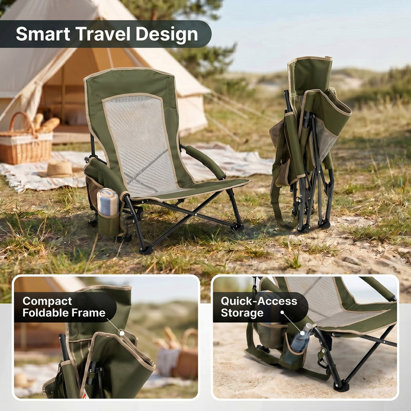 Close-up of breathable mesh back and padded armrest on folding beach chair