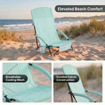 Close-up of breathable mesh back and padded armrest on folding beach chair