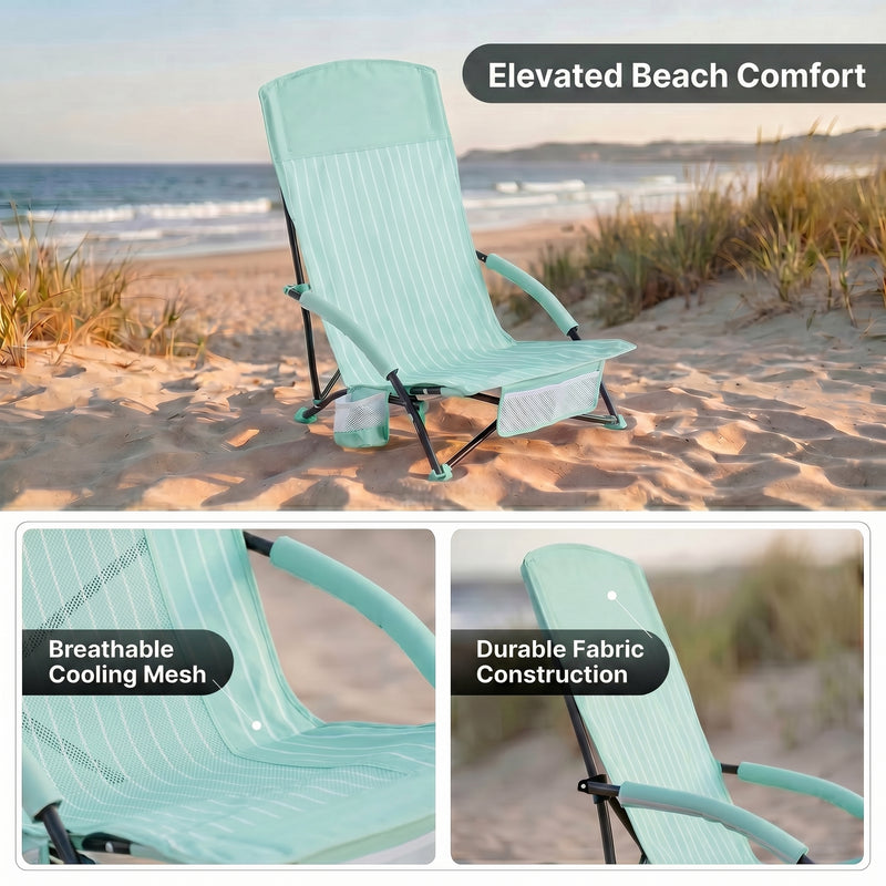 Close-up of breathable mesh back and padded armrest on folding beach chair