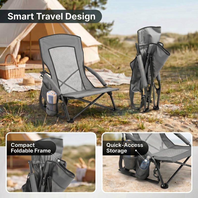 Close-up of breathable mesh back and padded armrest on folding beach chair