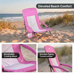 Close-up of breathable mesh back and padded armrest on folding beach chair