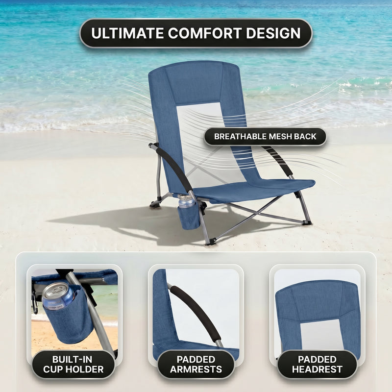 Close-up of breathable mesh back and padded armrest on folding beach chair